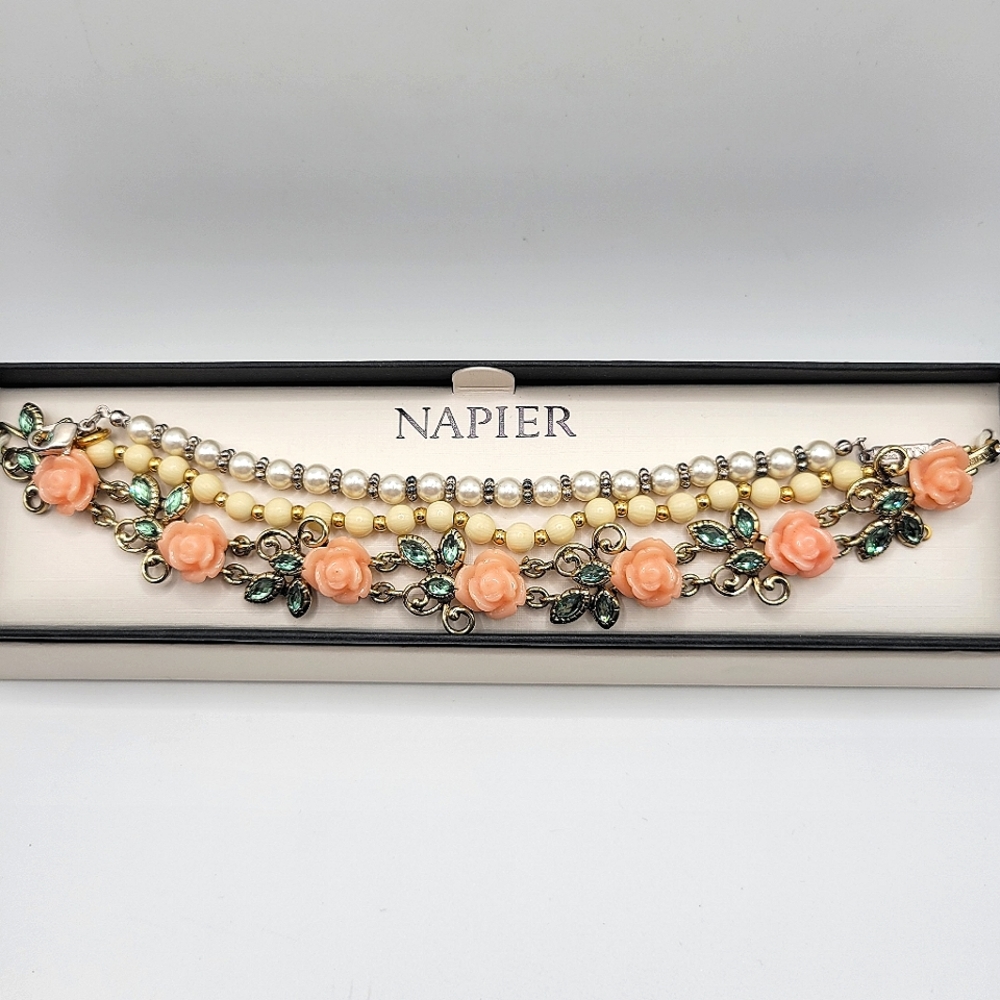 3 Napier Bracelets | Molded Plastic w Rhinestones, Faux Pearls & Beads | SIGNED
